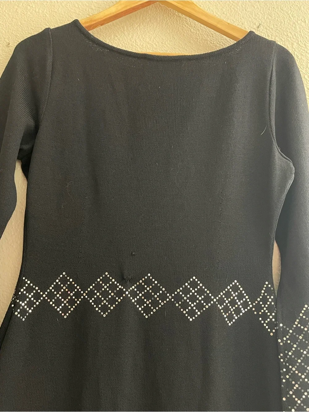 St. John Evening Black Santana Knit Dress Crystal Studded Cuff Waist Long Sleeve